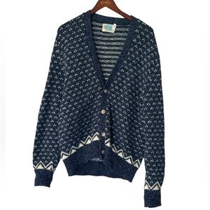 Vintage Unisex Wool Grandpa Blue Patterned Cardigan - Size X-Large